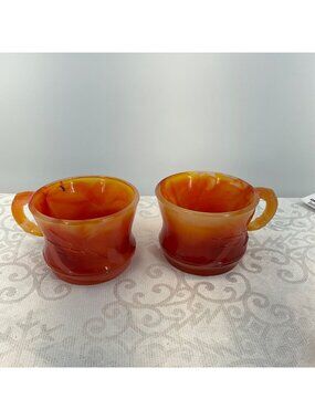Vintage Amberina Cadmium Glass cups Set/2 UV Reactive Red Orange Starburst